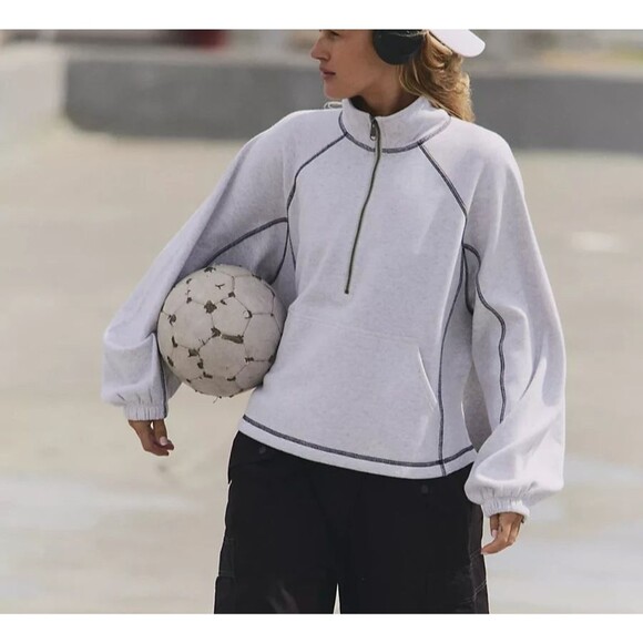 FP Movement Free People Half Court Sweatshirt Large Gray Half Zip Contrast - Picture 2 of 9